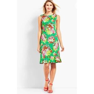 Talbots Floral Flounce Hem Shift Dress 14WP Green Pink Cotton Stretch